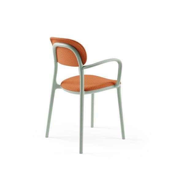 Nil Yeşili Kollu Mutfak Sandalyesi – Turuncu Kumaş Döşemeli, Modern, İstiflenebilir Plastik Sandalye