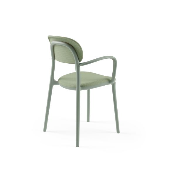 Nil Yeşili Kollu Yemek Sandalyesi – Yeşil Kumaş Döşemeli, İstiflenebilir Modern Plastik Sandalye
