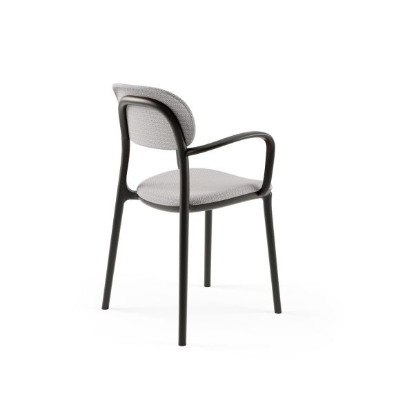 Siyah Plastik Gri Kumaş Döşemeli Zarif Modern Kollu Kafe Sandalyesi – Dayanıklı, İstiflenebilir, Çok Amaçlı Kullanım