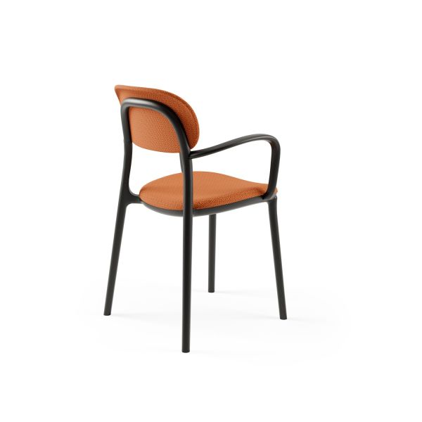 Siyah Plastik Turuncu Kumaş Döşemeli Modern Kollu Cafe Sandalyesi – Dayanıklı, Hafif, İstiflenebilir