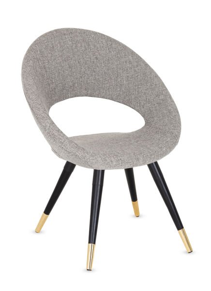 Yoji Açık Gri Kumaş Dekoratif Kafe Restaurant Sandalyesi | Şık Kayın Ayaklar ve Siyah Metal Karkaslı, Sarı Bronz Kaplama Detaylı, Silinebilir Kumaş Döşemeli