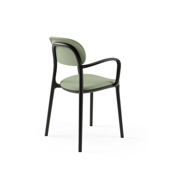 Siyah Plastik Yeşil Kumaş Döşemeli Modern Kollu Restoran Sandalyesi – Dayanıklı, İstiflenebilir ve Şık Tasarım