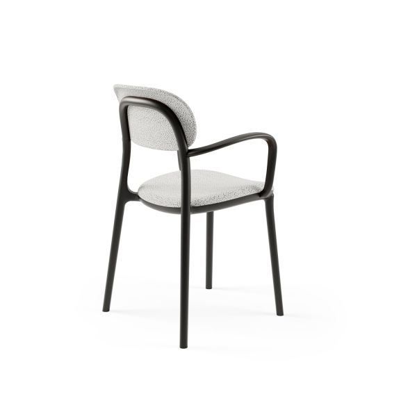 Siyah Plastik Kumaş Döşemeli Modern Kollu Mutfak Sandalyesi – Dayanıklı, Hafif ve İstiflenebilir