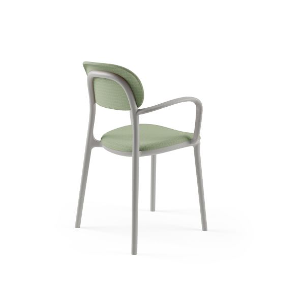 Modern Kollu Mutfak Sandalyesi – Yeşil Kumaş Döşemeli, Soğuk Gri Plastik Gövde, İstiflenebilir, Salon, Kafe, Restoran, Otel Kullanımına Uygun