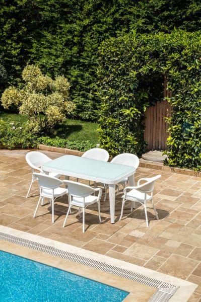 Dış Mekan Bahçe Beyaz Masa Sandalye Takımı 6 Kişilik 150x90.cm
