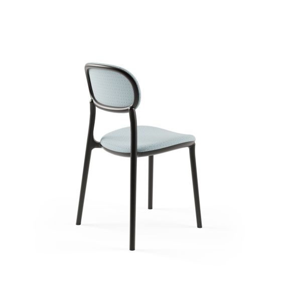 Siyah Plastik Gövdeli Açık Mavi Kumaş Döşemeli Modern Mutfak Sandalyesi – Dayanıklı, Hafif, İstiflenebilir