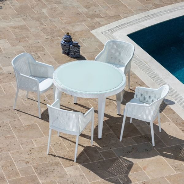 Beyaz 110cm Yuvarlak Bahçe Masa Sandalye 4 Kişilik