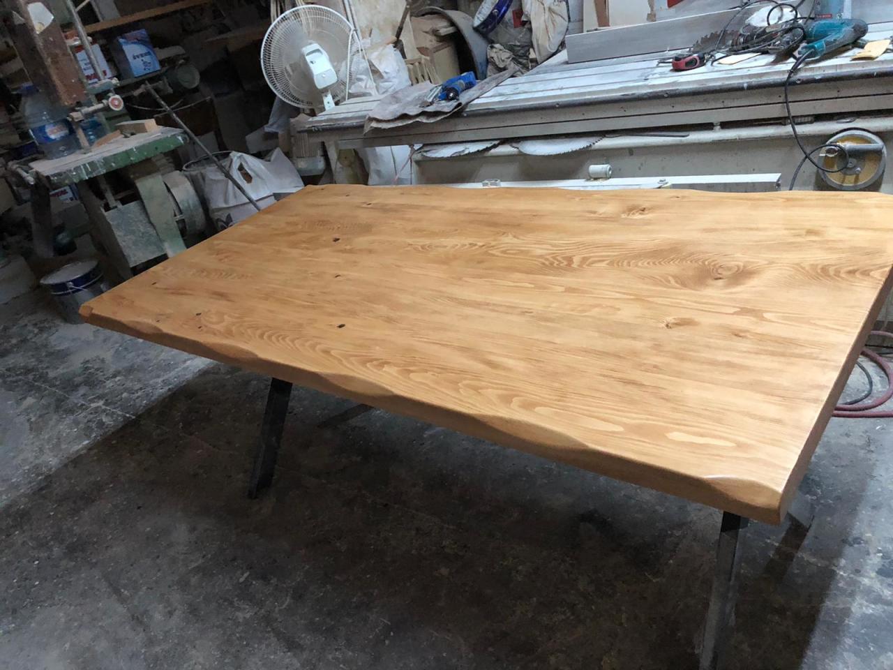 Göknar Kütük Masa 180x80 Metal Ayaklı Doğal Ahşap