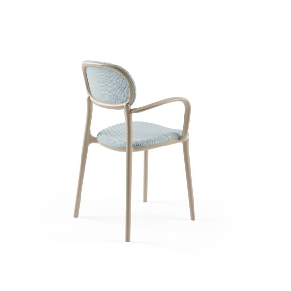 Duo Kum Beji Plastik Açık Mavi Kumaş Döşemeli Zarif Modern Kollu Mutfak Sandalyesi – Dayanıklı, Hafif ve İstiflenebilir