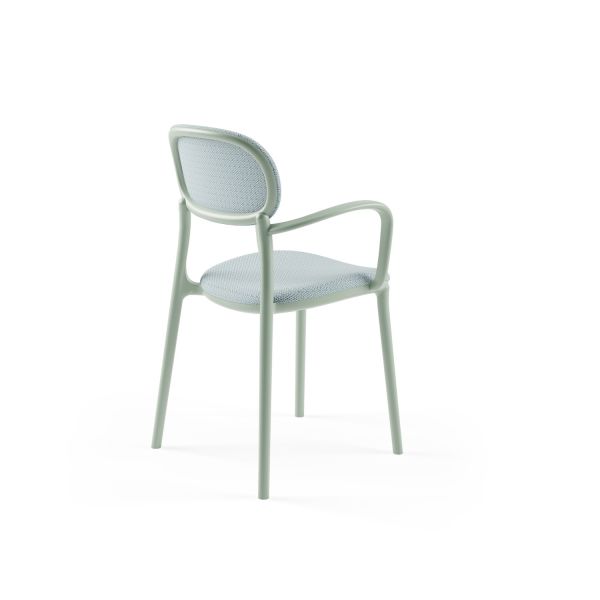 Nil Yeşili Plastik Gövdeli Açık Mavi Kumaş Döşemeli Zarif Modern Kollu Restaurant Sandalyesi Dayanıklı, Hafif, İstiflenebilir