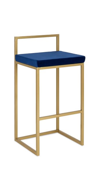 Metal Gold Boyalı Modern Bar Sandalyesi – Mavi Kumaş Döşemeli, Ergonomik ve Şık Bar Taburesi | Cafe, Restoran, Mutfak ve Otel Kullanımı İçin İdeal
