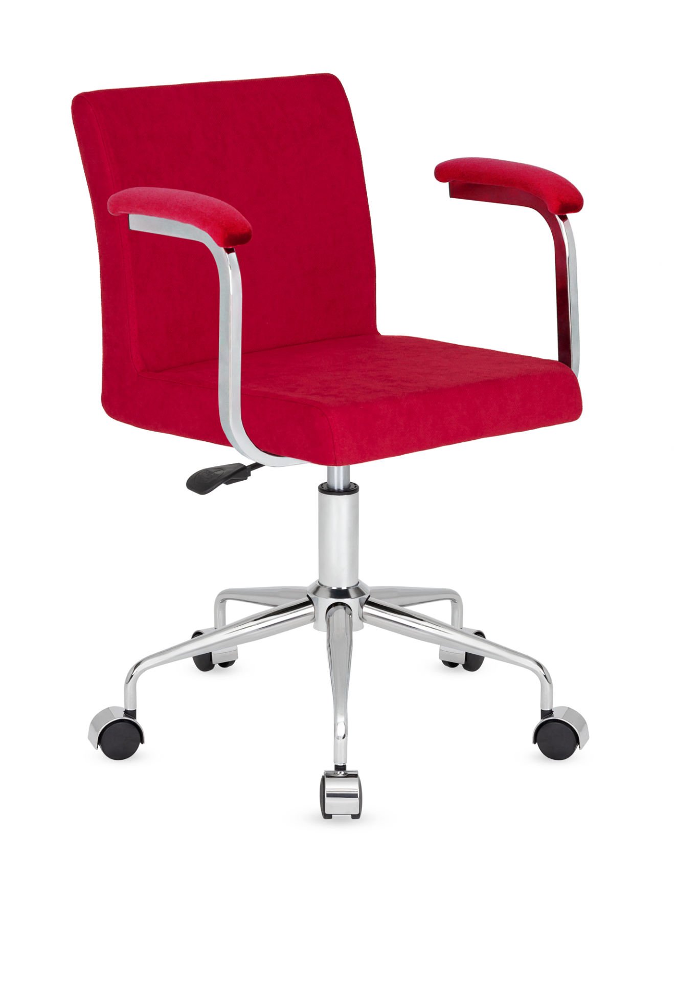 Delta Kollu Küçük Ofis Çalışma Sandalyesi – Kırmızı Kumaş, Ergonomik Metal Krom İskeletli, Amortisörlü, Tekerlekli Ofis Sandalyesi – Sekreter, Personel ve Öğrenci Odası İçin İdeal