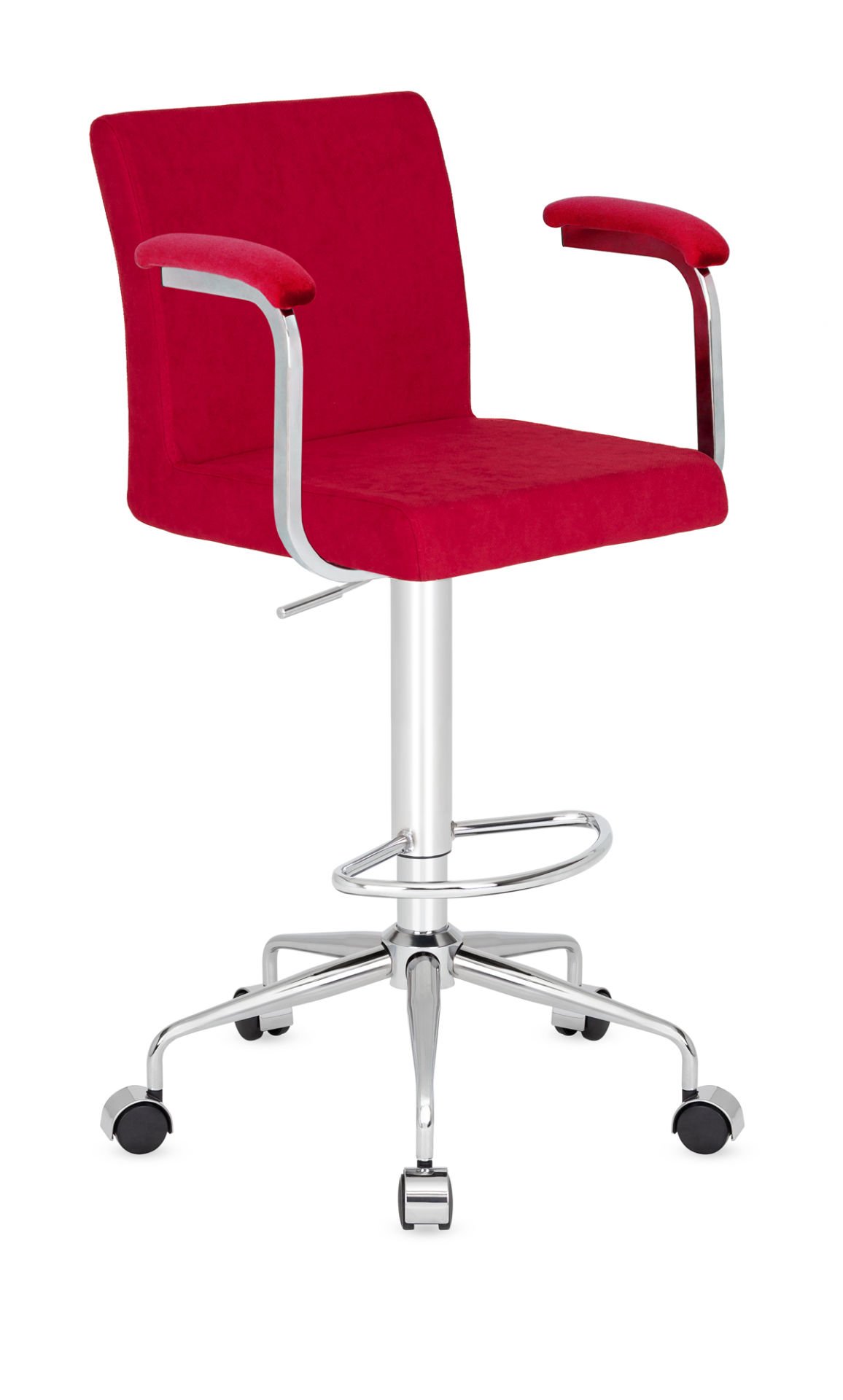 Delta Modern Kolu Yüksek Boy Bar Sandalyesi – Kırmızı Kumaş, Metal Krom Tekerlekli Ayak, Ergonomik ve Şık Tasarım, Ücretsiz Kargo