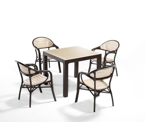 Kahverengi Cappucino Dış Mekan Bahçe Masa Sandalye Takımı 4 Kişilik Kare 90x90 cm