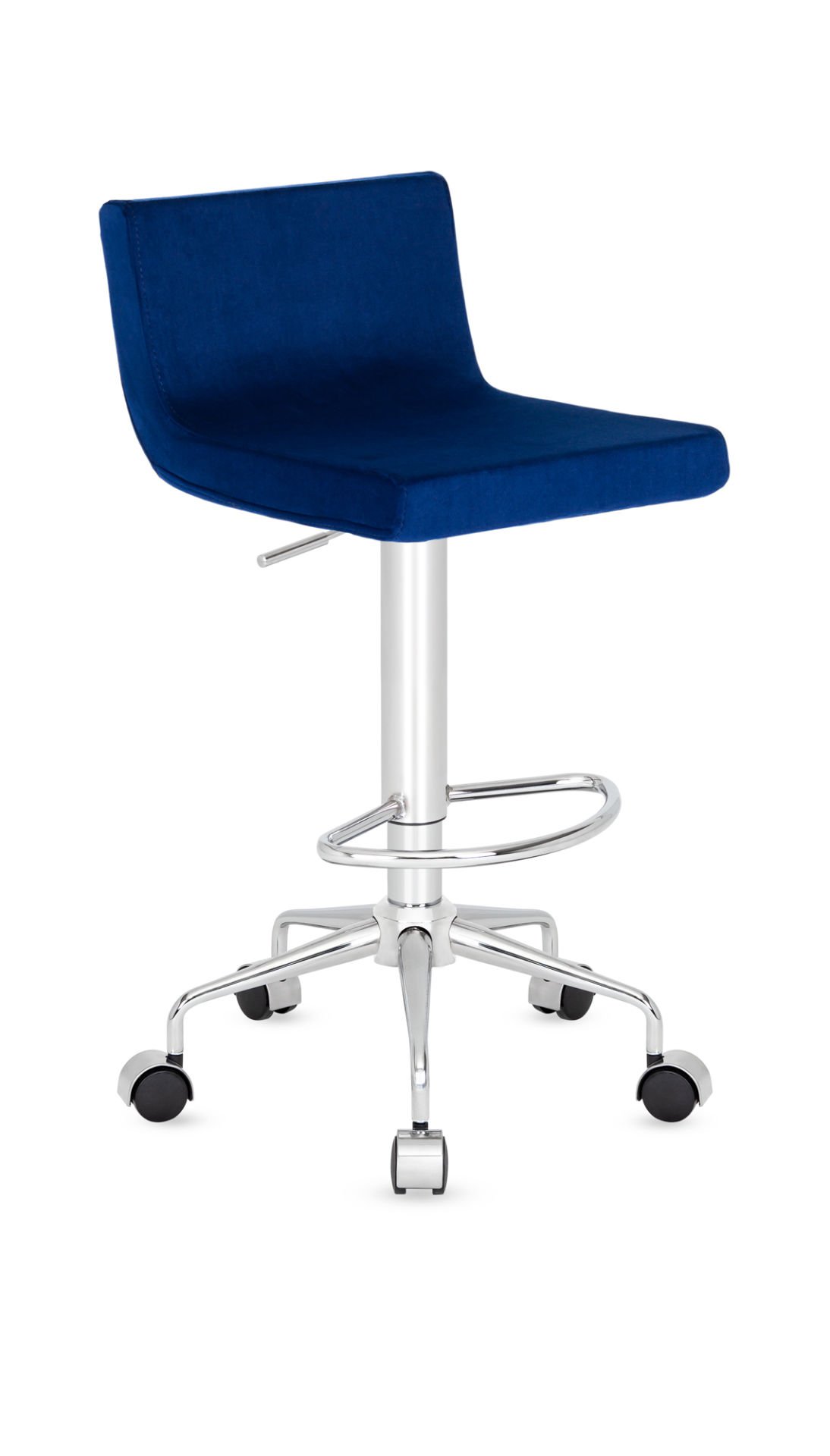Rios Mavi Lacivert Kumaş Metal Krom Ayak Tekerlekli Yüksek Boy Bar Sandalyesi - Ergonomik, Şık ve Dayanıklı, Yüksek Masa, Resepsiyon, Kasiyer, Hekim Sandalyesi
