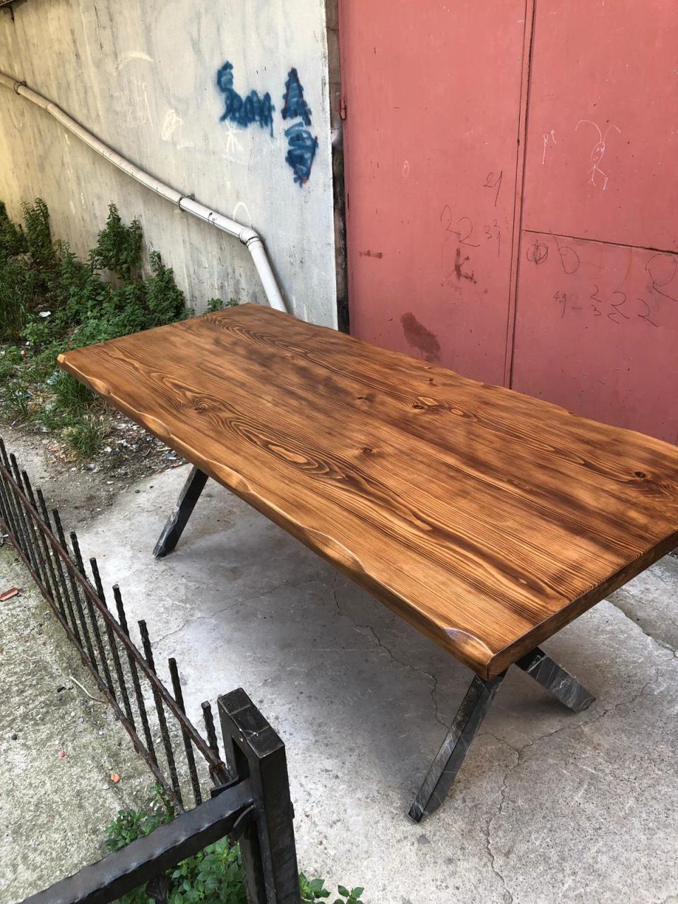 80x180 Kütük Yemek Masası Göknar Masif Ahşap Metal Ayak