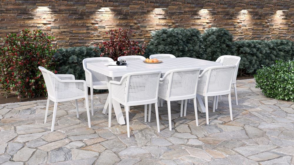 Beyaz 8 Kişilik Bahçe Masa Sandalye Takımı 100x180 cm