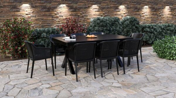Wenge Masa Siyah Sandalye 8 Kişilik Bahçe Takımı 100x180 cm