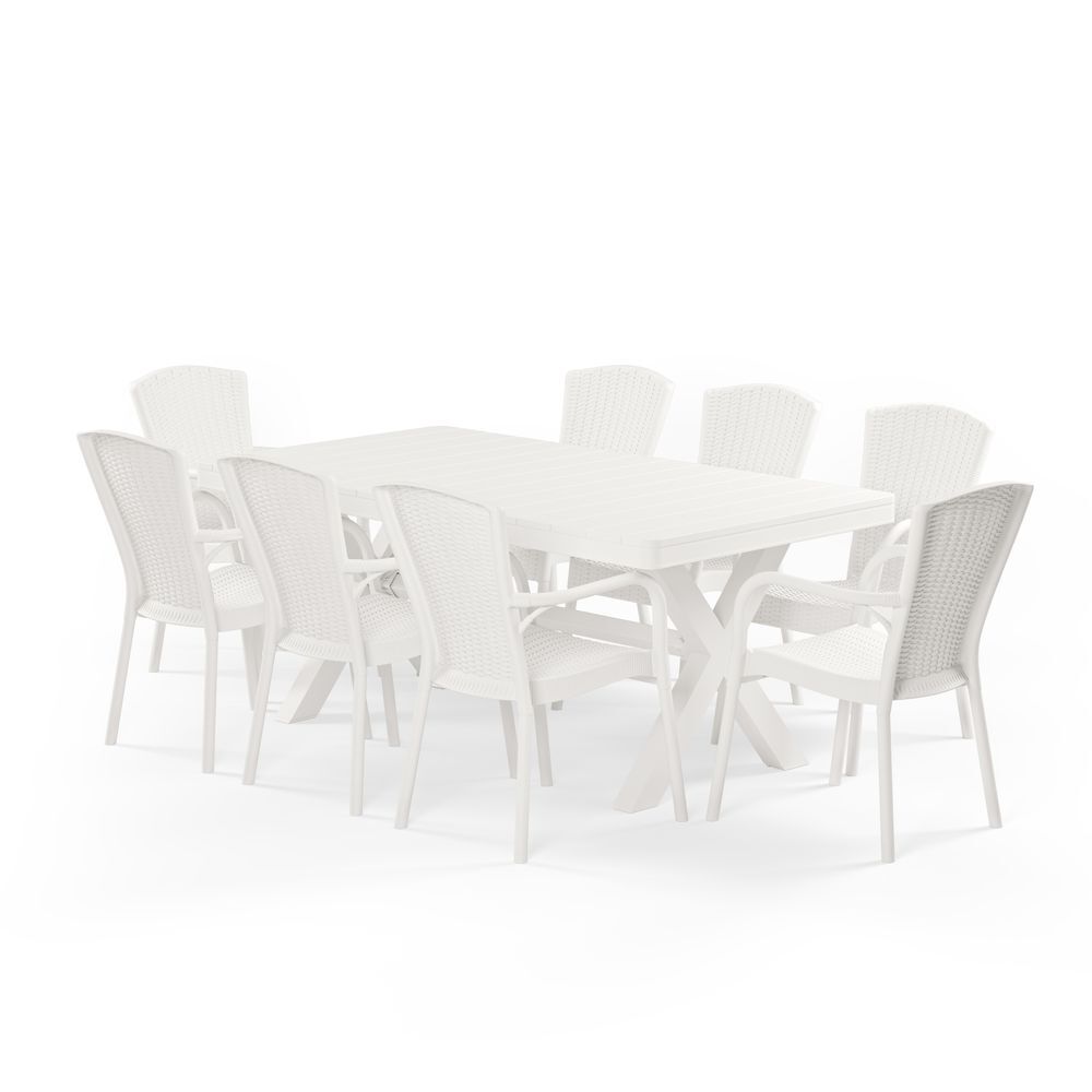 Beyaz Bahçe Masa Sandalye Takımı 8 Kişilik 100x180 Dış Mekan