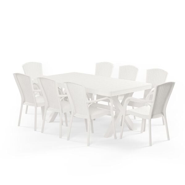 Beyaz Bahçe Masa Sandalye Takımı 8 Kişilik 100x180 Dış Mekan