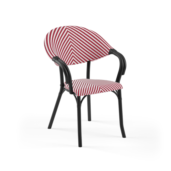 Siyah Gövde Kırmızı Beyaz Fileli Dış Mekan Sandalyesi Otel Restaurant Cafe Balkon Teras Veranda Ev Bahçe Sandalyesi