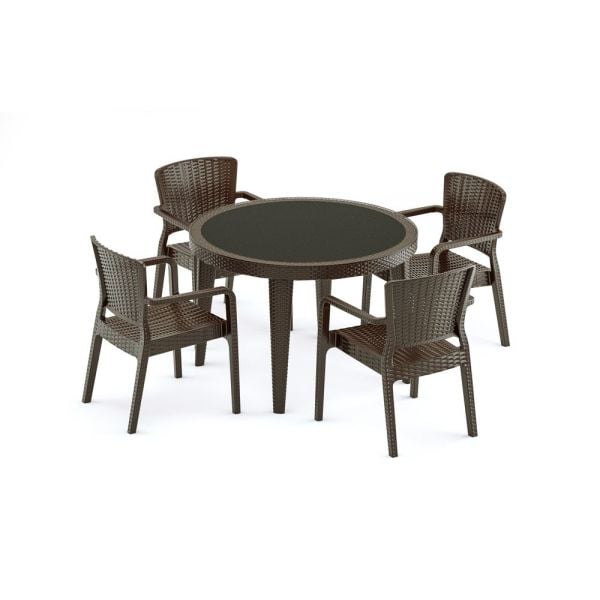 Wenge Bahçe Masa Sandalye Takımı 4 Kişilik Yuvarlak 110 cm