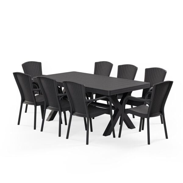 Antrasit Bahçe Masa Sandalye 8 Kişilik 100x180 Dış Mekan