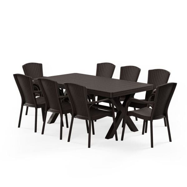 Wenge Bahçe Masa Sandalye Takımı 8 Kişilik 100x180 Dış Mekan