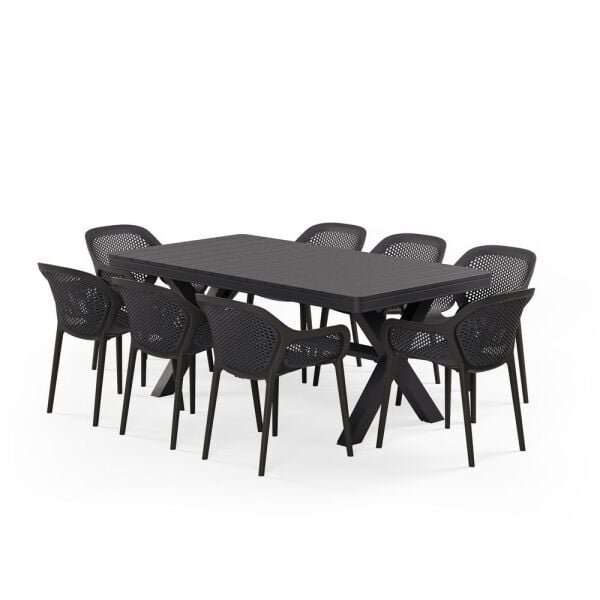 8 Kişilik Antrasit Bahçe Masa Sandalye Takımı 100x180 cm