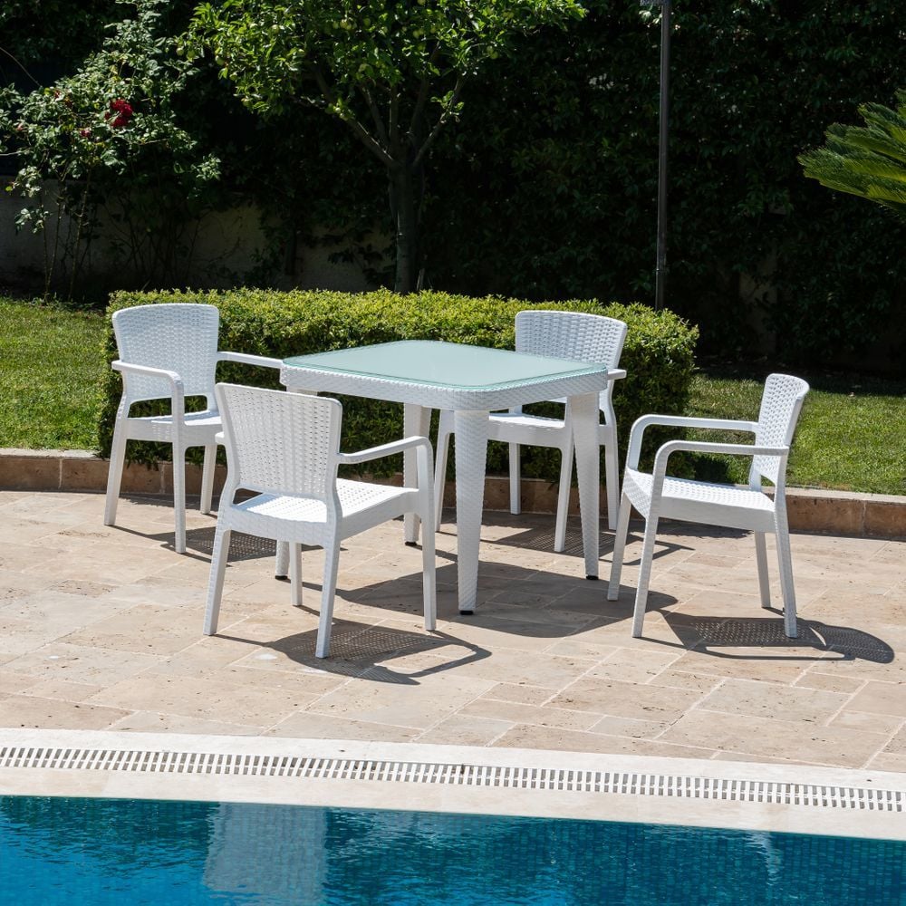 Beyaz Dış Mekan Bahçe Masa Sandalye Takımı 4 Kişilik 90x90
