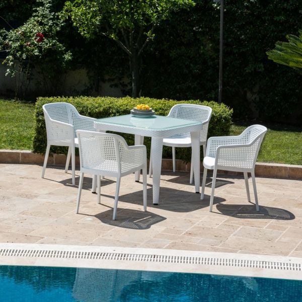 Beyaz 4 Kişilik 90x90 Dış Mekan Bahçe Masa Sandalye Takımı