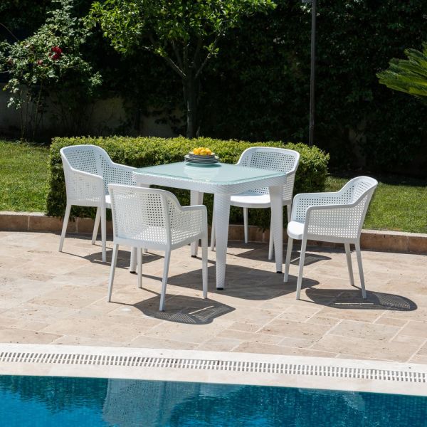 Beyaz Restoran Bahçe Masa Sandalye Takımı 4 Kişilik 90x90 cm