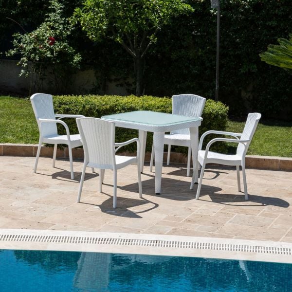 Beyaz Bahçe Masa Sandalye Takımı 90x90 4 Kişilik