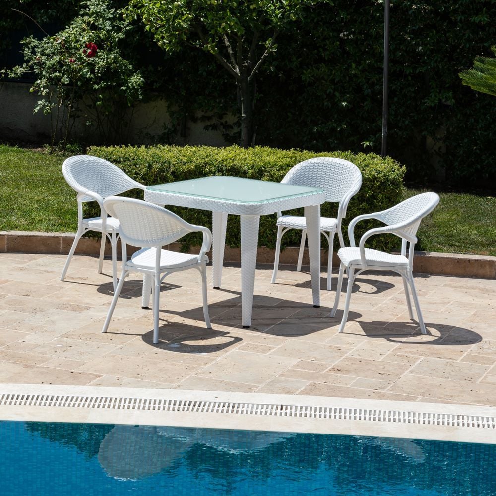 Beyaz Bahçe Masa Sandalye Takımı 4 Kişilik 90x90