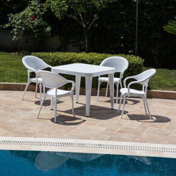 Beyaz Bahçe Masa Sandalye Takımı 4 Kişilik 90x90