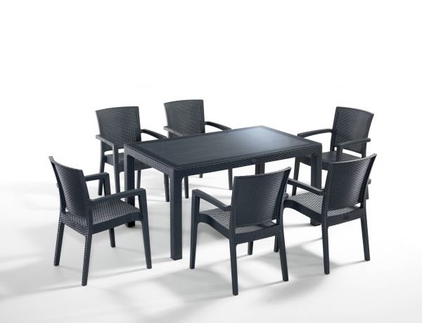 Şık Antrasit Rattan Bahçe Masa Sandalye Takımı – 6 Kişilik 90x150