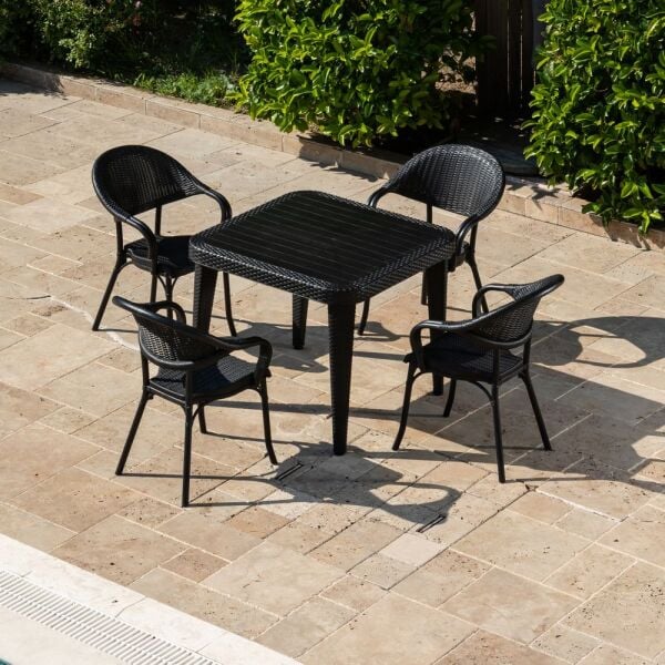 Siyah Bahçe Masa Sandalye Takımı 4 Kişilik 90x90 cm