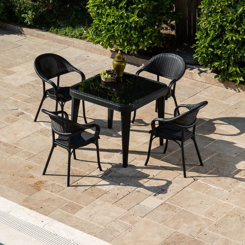 Siyah 90x90 Kare Bahçe Masa Sandalye Takımı 4 Kişilik
