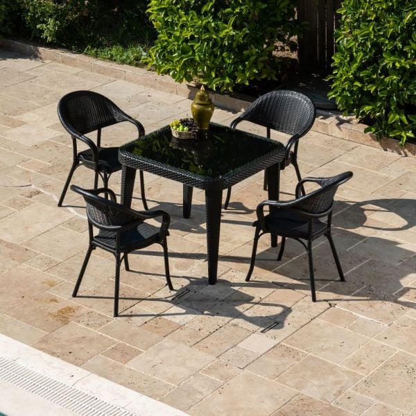 Siyah 90x90 Kare Bahçe Masa Sandalye Takımı 4 Kişilik