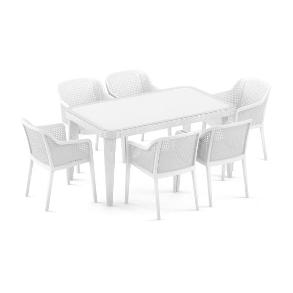 Beyaz Bahçe Masa Sandalye Takımı 6 Kişilik Masa Seti 90x150