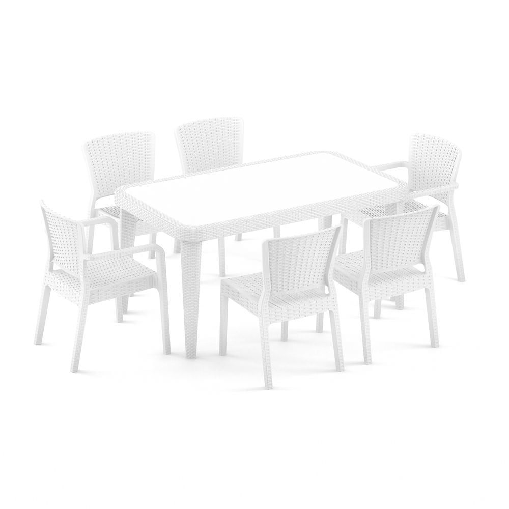 Beyaz Rattan Plastik Bahçe Masa Takımı 6 Kişilik 90x150