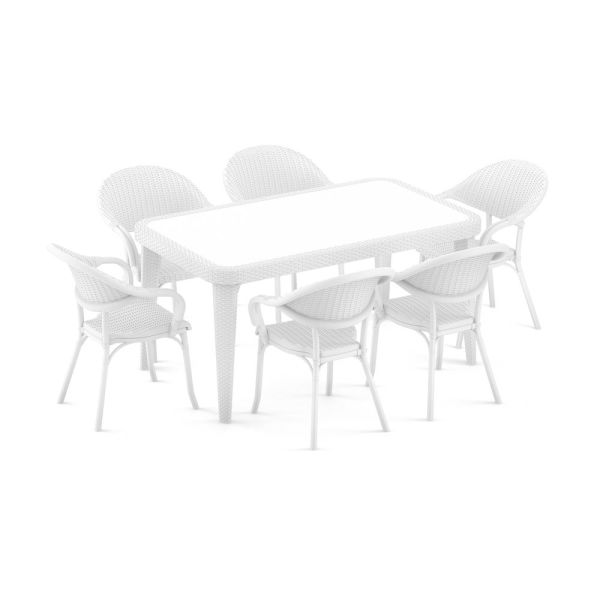 Beyaz 90x150 Enjeksiyon Rattan Bahçe Masa Takımı 6 Kişilik