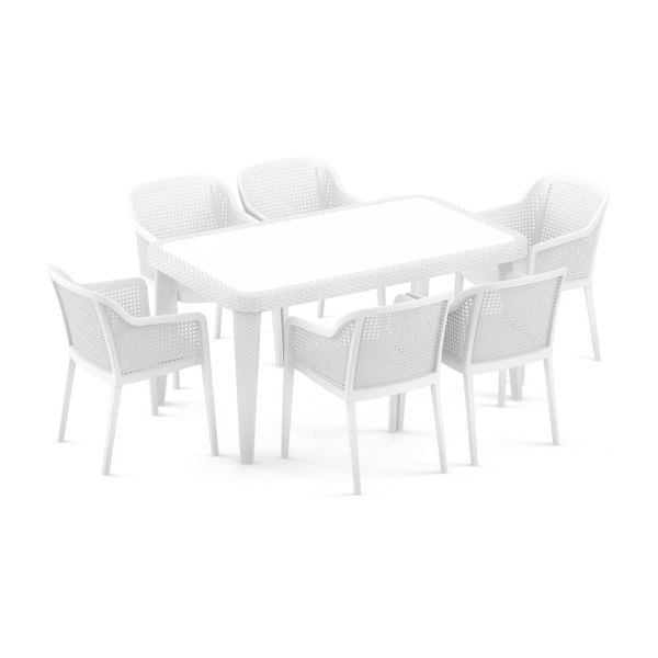 Beyaz Dış Mekan Bahçe Masa Sandalye Takımı 6 Kişilik 90x150