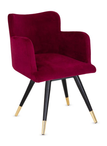 Rare Ahşap Siyah Ayak Mor Kumaş Restoran Yemek Koltuğu - Şık ve Konforlu Tasarım, Siyah Metal Karkas, Sarı Bronz Detaylı Ayaklar