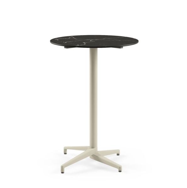 Moon Compact Bar Masası 70 cm | Bej Ayaklı, Siyah Mermer Desenli, Paslanmaz Bahçe ve Kafe Bar Masası