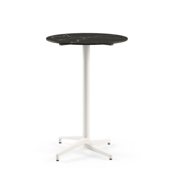 Moon Compact Laminat 70 cm Yuvarlak Beyaz Ayaklı Bar Masası - Siyah Mermer Desenli Paslanmaz Dış Mekan Bahçe Bar Masası, Dayanıklı ve Şık