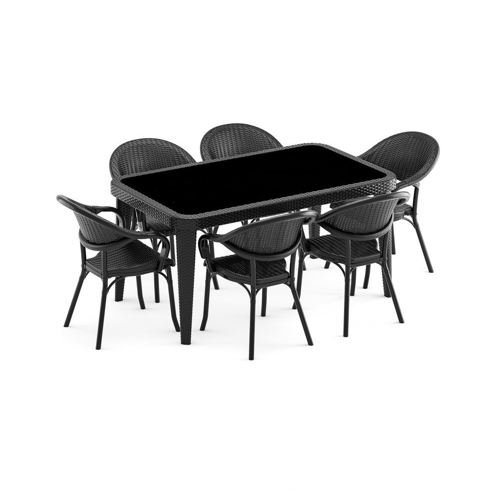 Siyah 90x150 Rattan Plastik Bahçe Masa Sandalye 6 Kişilik