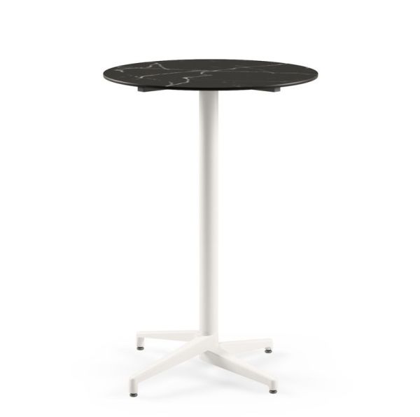 Moon Compact Laminat Bar Masası – 77 cm Yuvarlak Beyaz Ayaklı, Siyah Mermer Desenli Paslanmaz Dış Mekan Bahçe Bar Masası – Dayanıklı, Şık ve Uzun Ömürlü