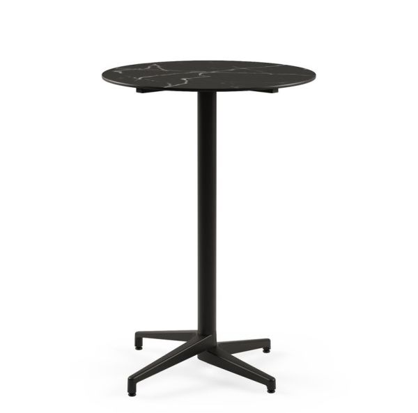 Moon Compact Laminat Bar Masası - 77 cm Yuvarlak Siyah Ayaklı, Siyah Mermer Desenli Paslanmaz Dış Mekan Bahçe Bar Masası | Otel, Kafe, Restoran, Ev Bahçesi Kullanımına Uygun