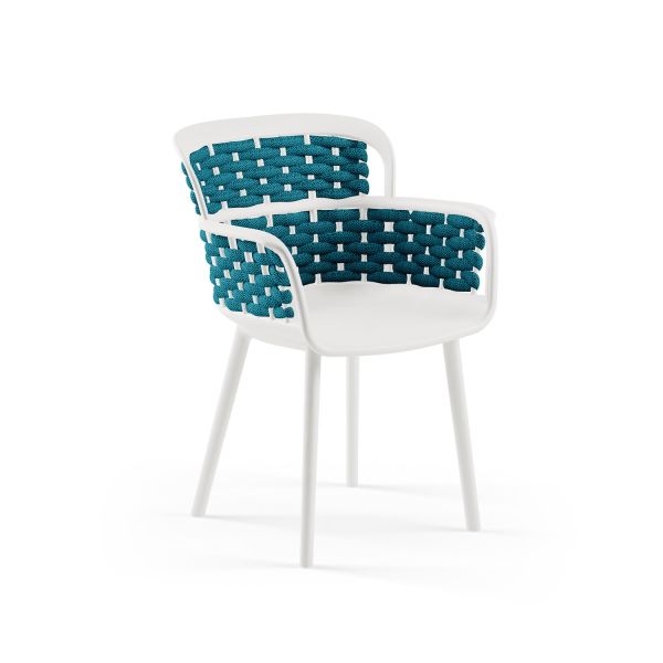 Mavi Örgülü Beyaz Polipropilen Plastik Bahçe Sandalyesi – Güneşe ve Suya Dayanıklı, Hafif ve Şık Dış Mekan Koltuğu